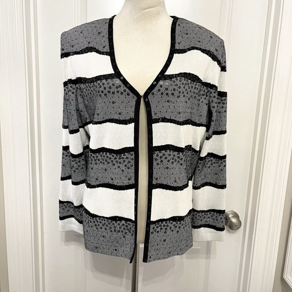 St.‎ John Couture By Marie Gray Sequined Open Front Striped Cardigan- SZ 14